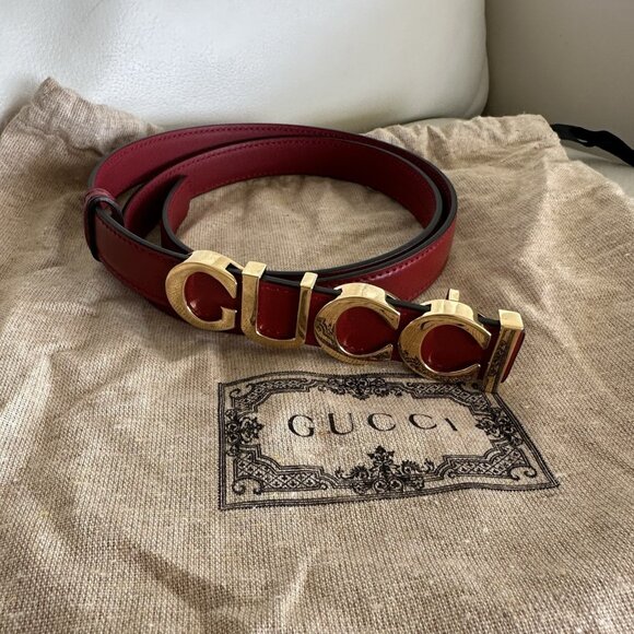 NEW GUCCI Plutone Calfskin Gucci Buckle 20mm Thin Belt 80 32 Rosso - Picture 4 of 9